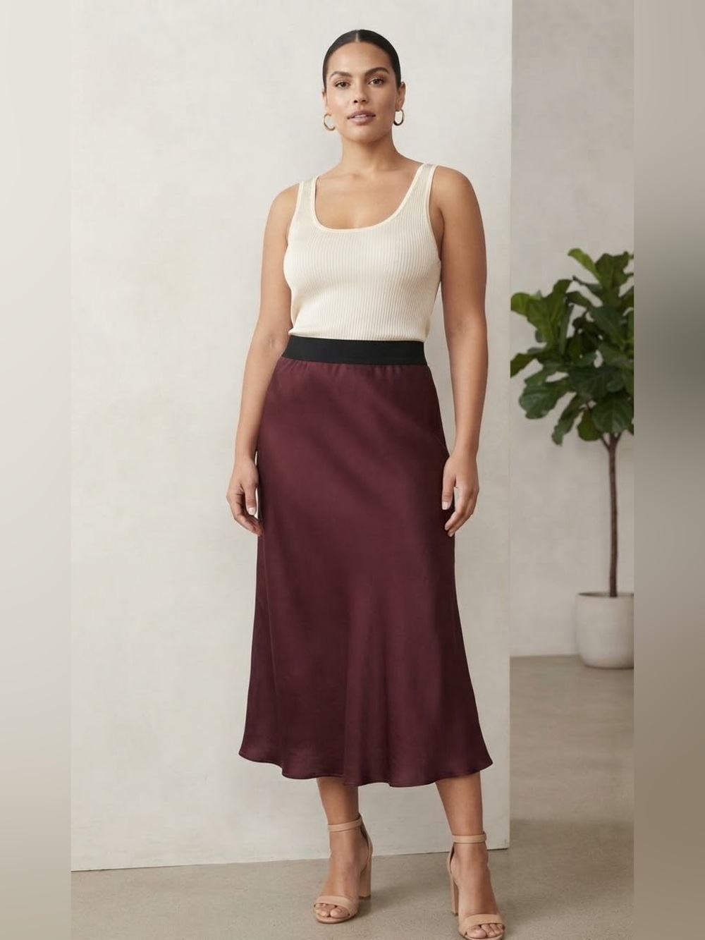 Bella Dahl Burgundy Maxi Skirt with Black Elastic Waist
